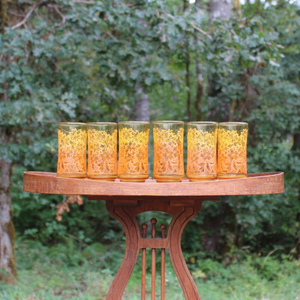 Vintage Libbey Amber Ombre Floral Glasses – Set of 6 – 1970s – 5" – 11 oz – EUC